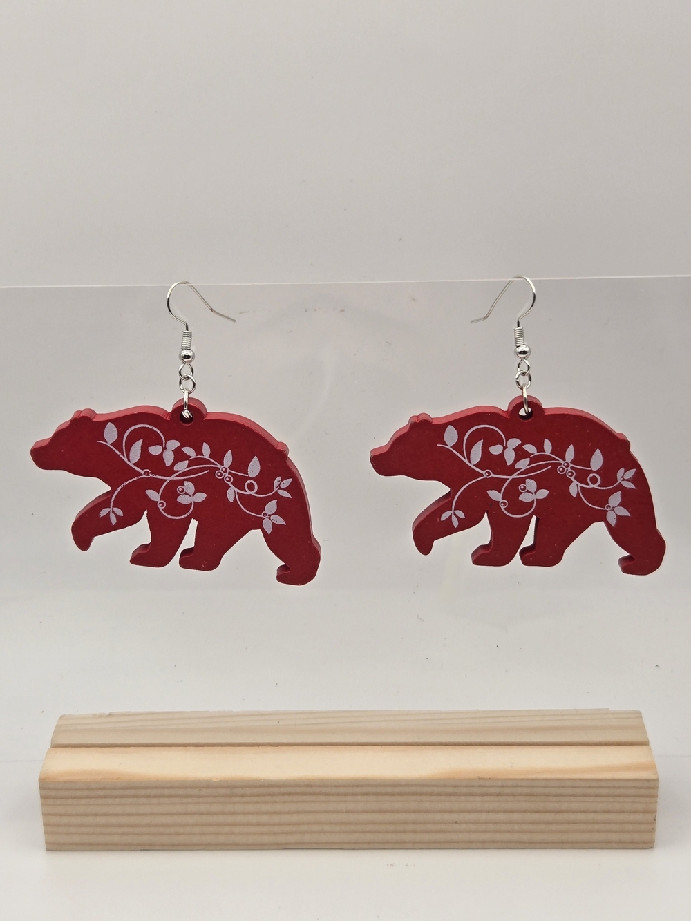 Red Bear Silhouette Earrings with Floral Vine Accent